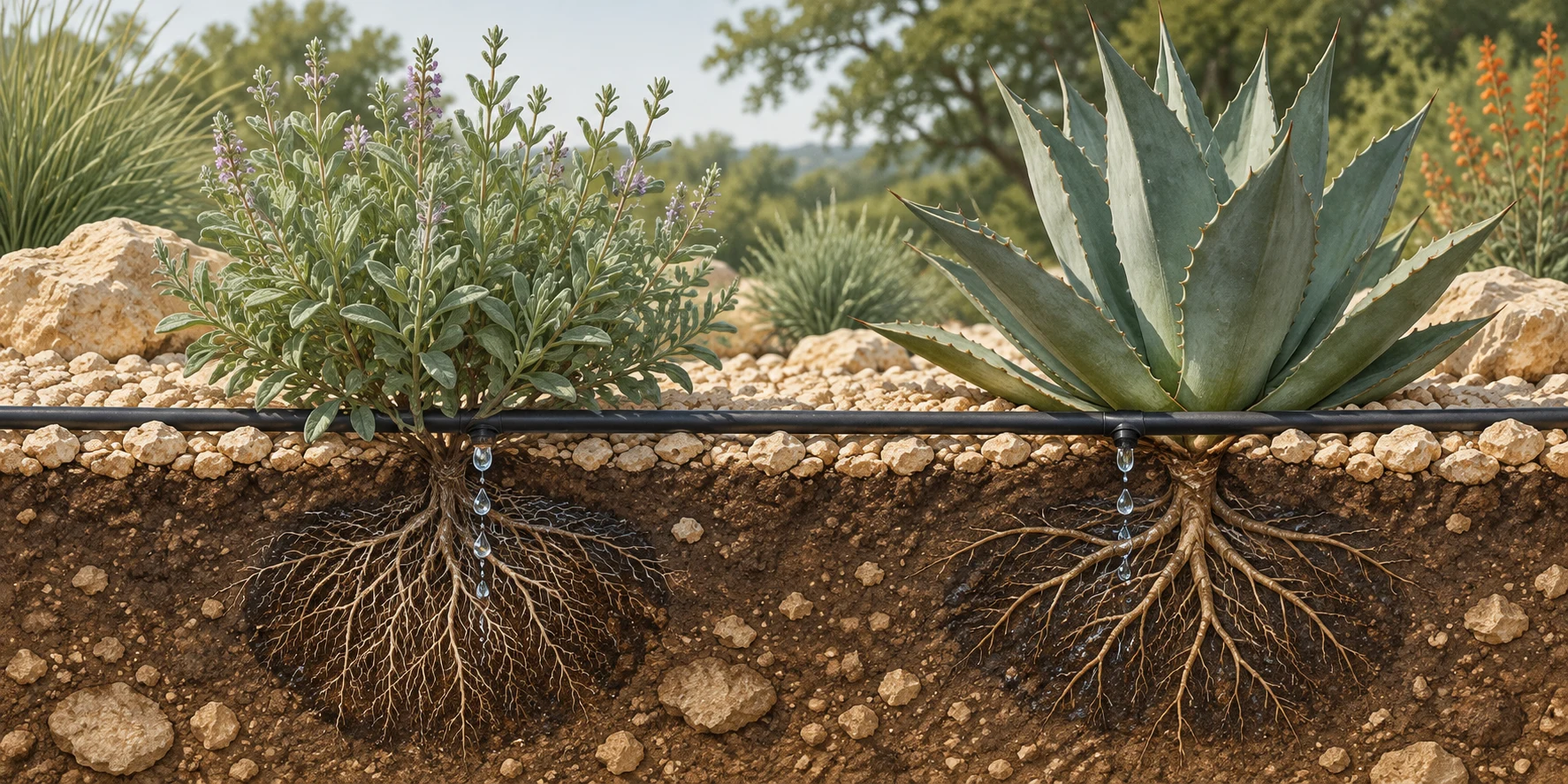 Illustration of drip irrigation delivering water near plant roots